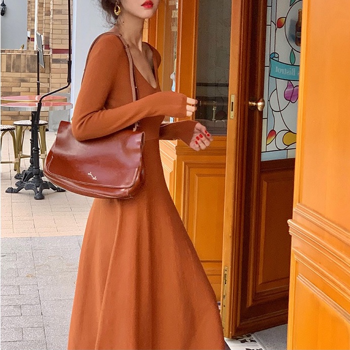 Đầm midi nữ SUXI dệt kim cổ V ôm dáng eo cao thời trang mùa thu