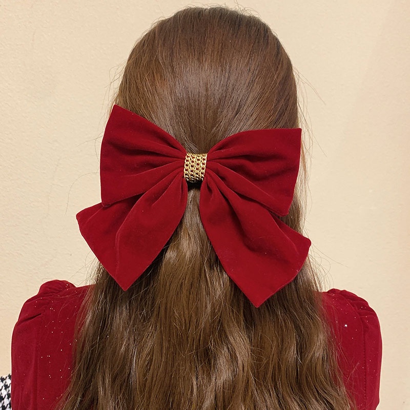 Kẹp Tóc Hình Nơ Lớn Màu Đỏ Phong Cách Retro Cho Nữ