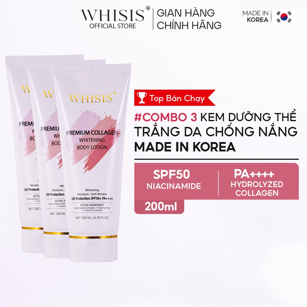 COMBO 3 Kem Dưỡng Thể Trắng Da Chống Nắng Nâng Tone Hàn Quốc WHISIS Premium Collagen Whitening Body Lotion 200ml