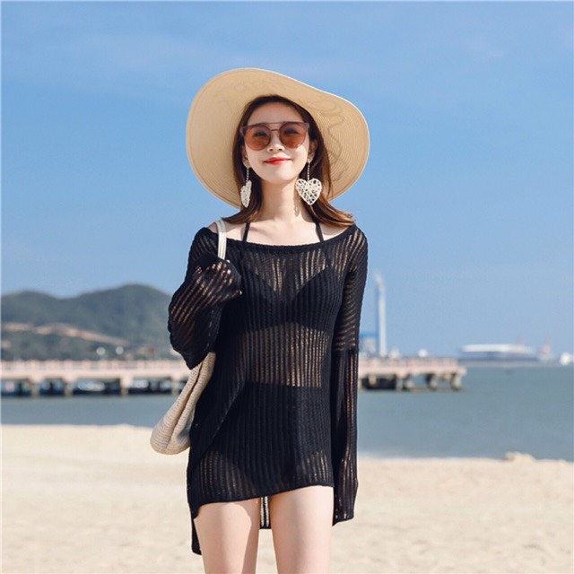 Áo lưới nữ tay dài form rộng, áo choàng nữ cổ thuyền xẻ tà | BigBuy360 - bigbuy360.vn