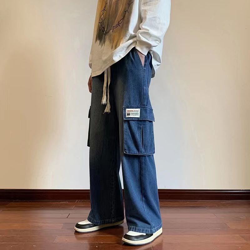 American retro big pocket tooling jeans men's high street loose Joker wide leg mop pants washed straight pantsquần jean ống rộng nam