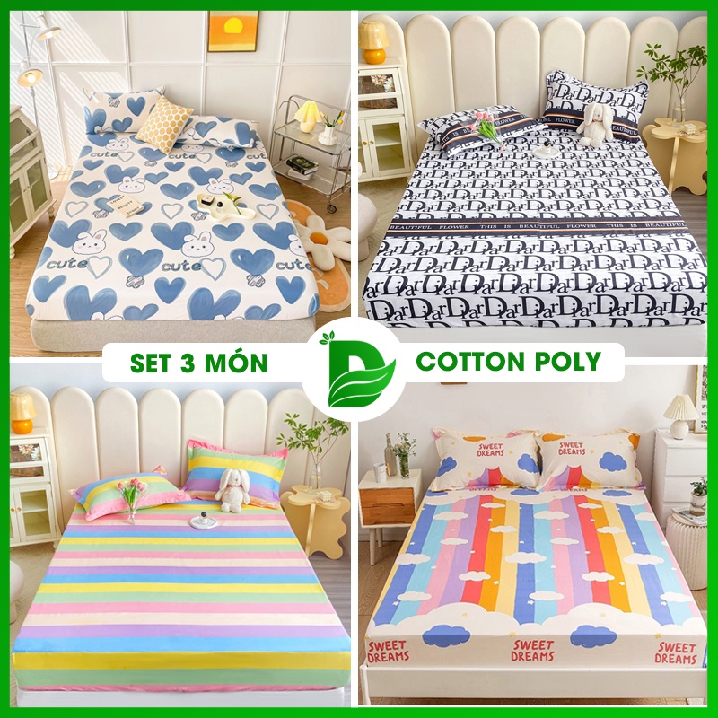 Bộ Ga Giường Vỏ Gối 💖m2/m4/m6/m8💖 Drap Giường Cotton Poly 3 Món, 1 Ga Giường + 2 Vỏ Gối Có Bo Chun - Lá Xanh Decor