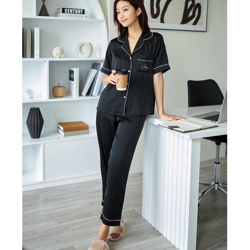 Bộ pijama dài Lụa đen trơn cao cấp VIBES Ink Long Py Set