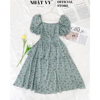 Đầm Nữ NHẬT VY Hoa Tầng Cổ Vuông Tay Phồng Chiết Eo Chất Mango Đi Chơi Dáng Xòe Tầng Màu Trắng, Xanh, Hồng -  D1963