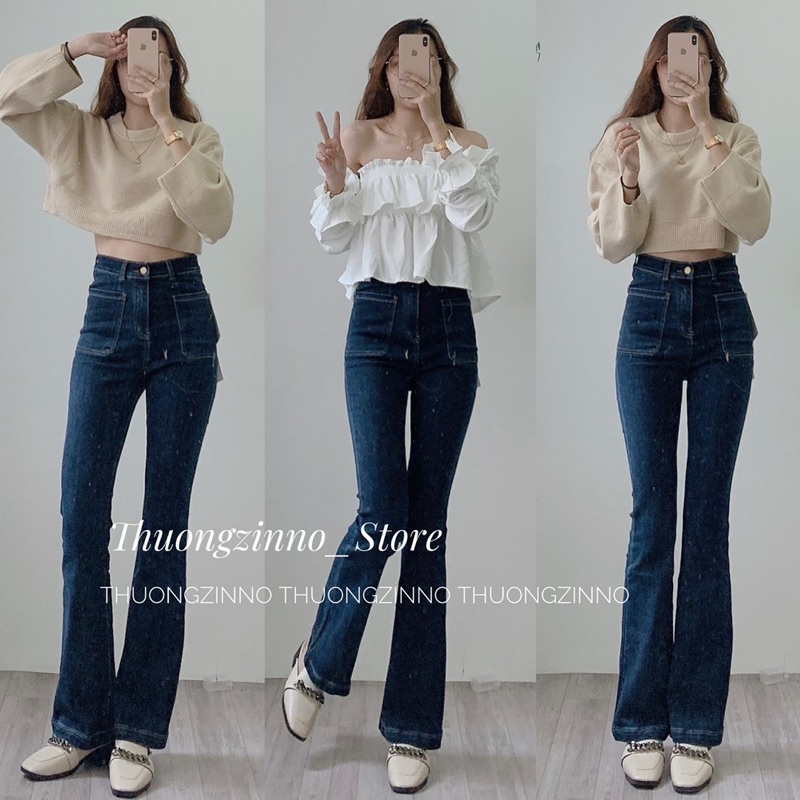 Quần ống loe HÀNG CHẤT LƯỢNG CAO tag da thiết kế túi trước Hàn Quốc