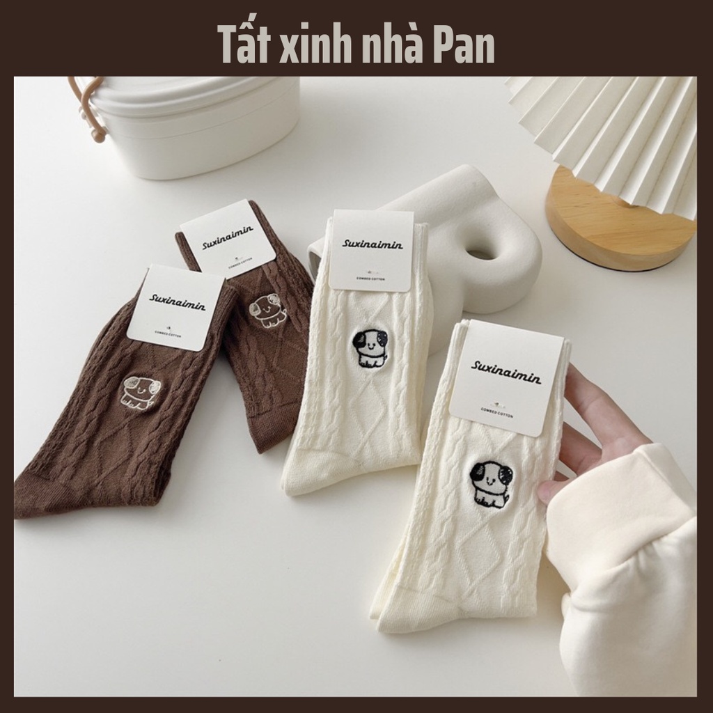 Tất Vớ Nữ Cao Cổ vặn thừng thêu hình cún xinh xắn cao cấp
