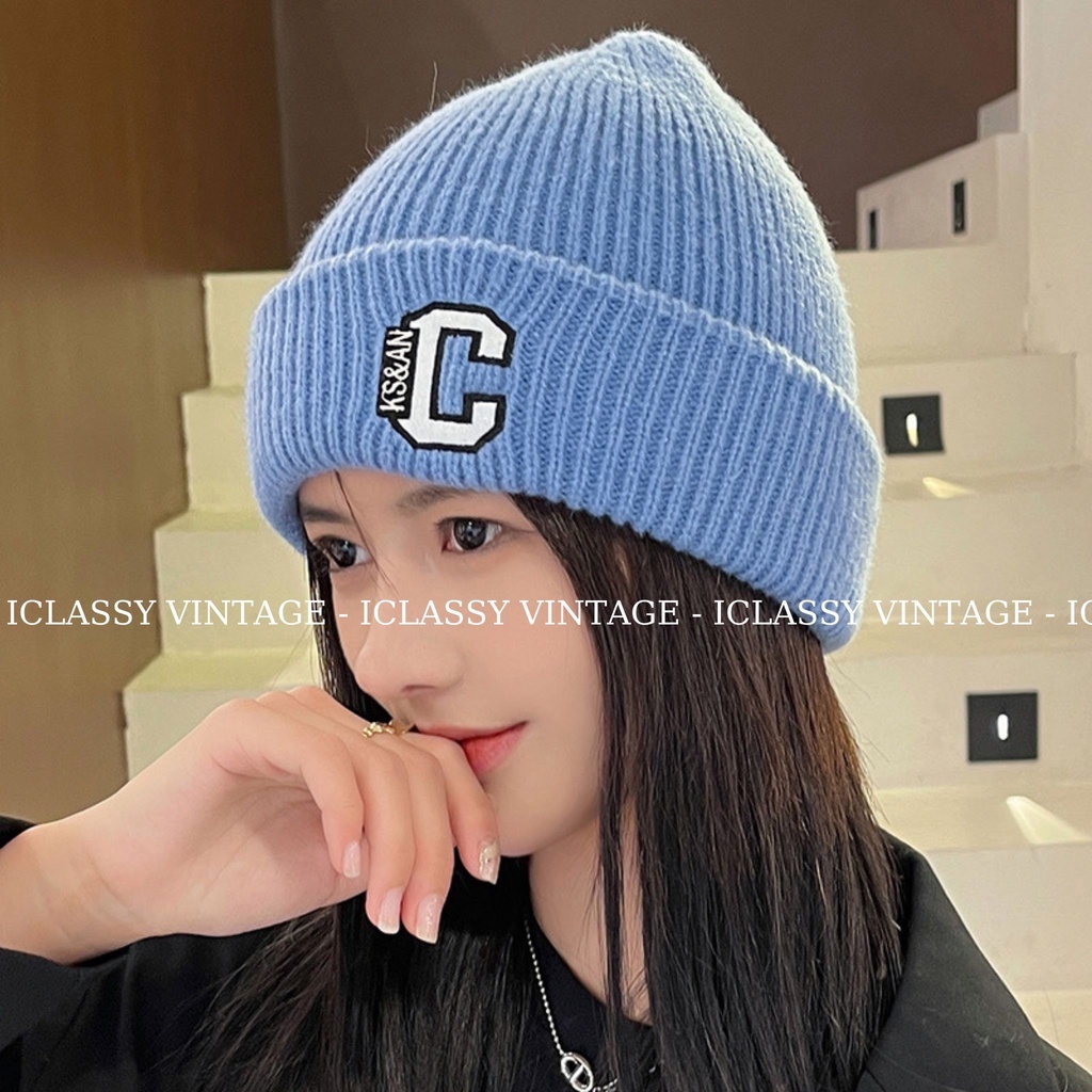 Mũ Len Nam Nữ Ulzzang Vintage Cao Cấp, Mũ Thêu chữ C 9 Màu Phong Cách Hàn Quốc - Iclassy_shoes