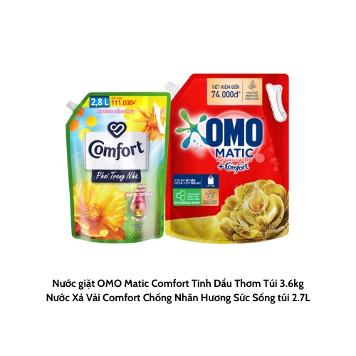 [QUÀ TẶNG KHÔNG BÁN] Combo Gift Unilever: Nước giặt OMO Matic Comfort Tinh dầu túi 2.8kg, Nước Xả Vải Comfort túi 2.8L