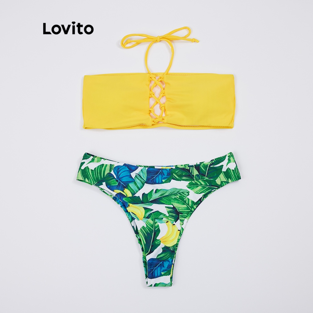 Set bikini LOVITO dây rút dạng cột hở lưng viền xếp ly họa tiết kiểu nhiệt đới phong cách boho L18X378 (Màu vàng)