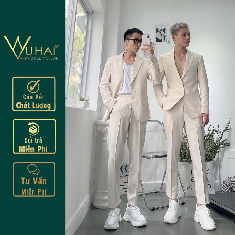 Blazer Hàn Quốc, Vets nam cao cấp dáng 2 cúc màu kem túi hôp-Hai TaiLor