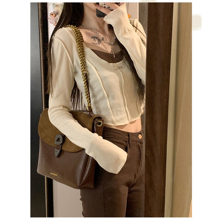 Áo Croptop Tay Dài Cổ Tròn+ Áo ba lỗ hai dây Hở Vai Thời Trang Dành Cho Nữ Phong Cách Hàn Quốc