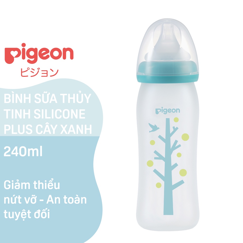 Bình Sữa Thủy Tinh Silicon Pigeon 240ml - Cây xanh (M) - Dành Cho Bé 3 Tháng +