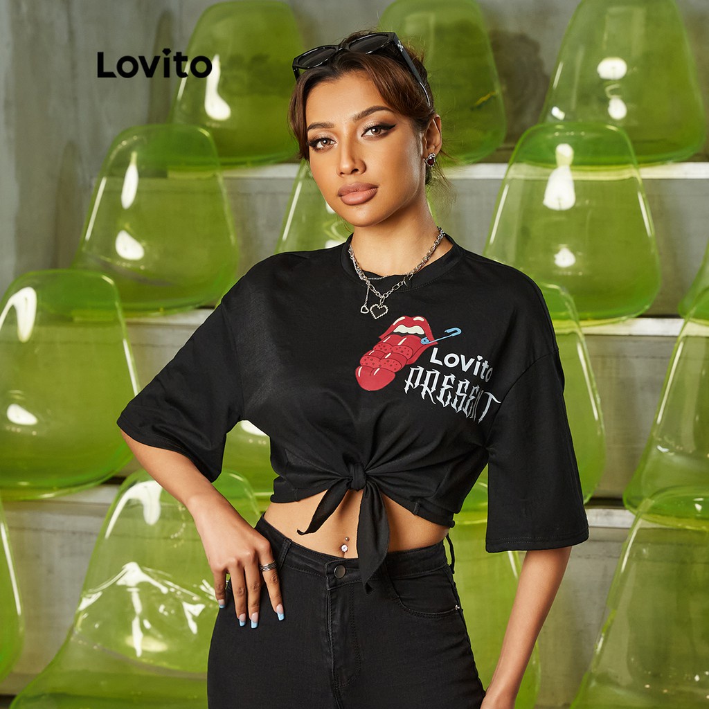 Áo thun Lovito màu trơn in họa tiết phối nơ/ buộc dây L16EE47(Màu đen)