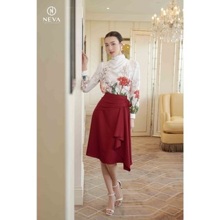 Chân váy vạt xếp chéo neva màu đỏ & đen 22f2w320639