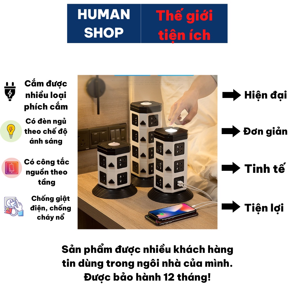 Ổ cắm điện đa năng HUMAN thẳng đứng có cổng usb và đèn ngủ chống giật thông minh màu đen trắng dây dài từ 1.8m đến 4.8m