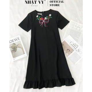 Đầm Nữ NHẬT VY Đuôi Cá Thêu Hoa Có Túi Chất Kaki Thun Công Sở Dáng Suông Màu Cam, Xanh, Đen - D2086