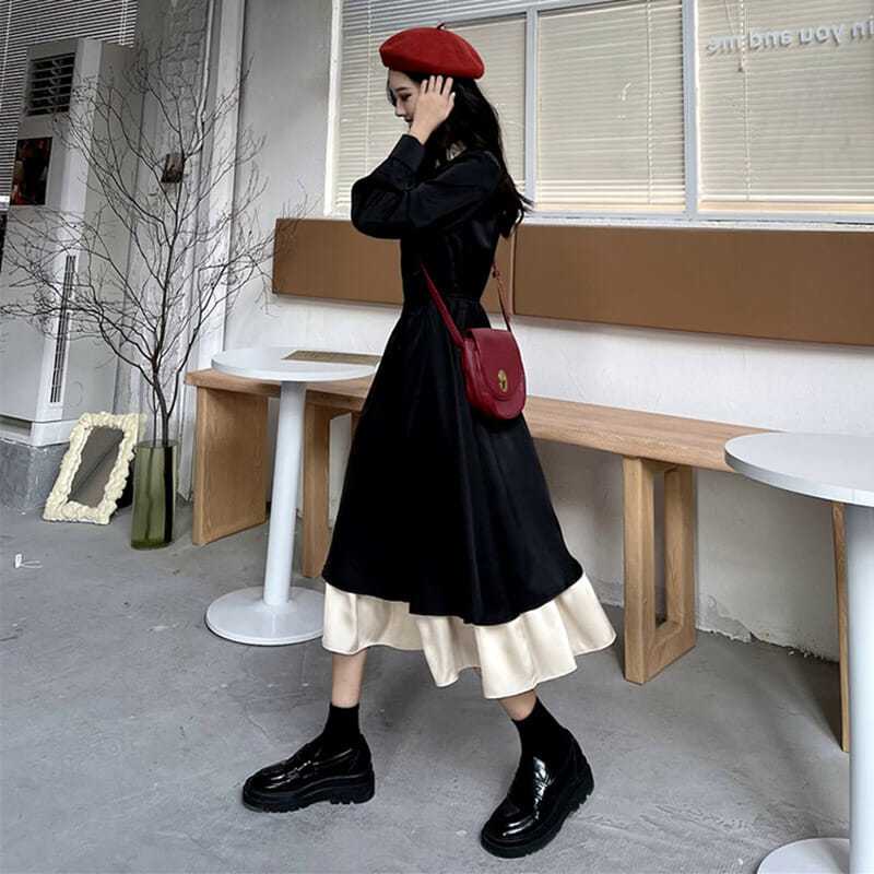 Váy mùa đông cho nữ váy dài Váy babydoll Đầm Nữ Giả Hai Mảnh Eo Hẹp Phong Cách Preppy Thời Trang Mùa Thu Kiểu Mới