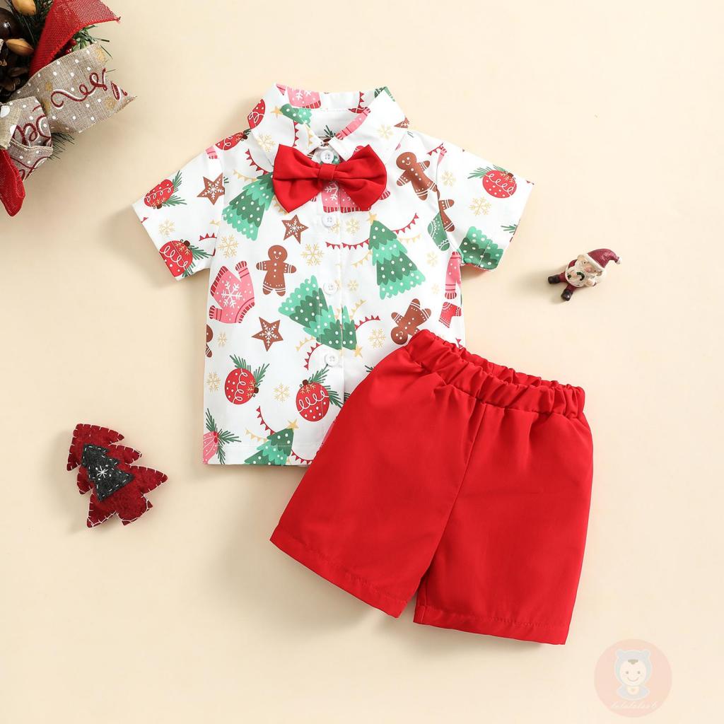 Laa6-boys Set Áo Thun Ngắn Tay In Hình Cây Thông Giáng Sinh Phối Nơ + Quần Short Giản Dị