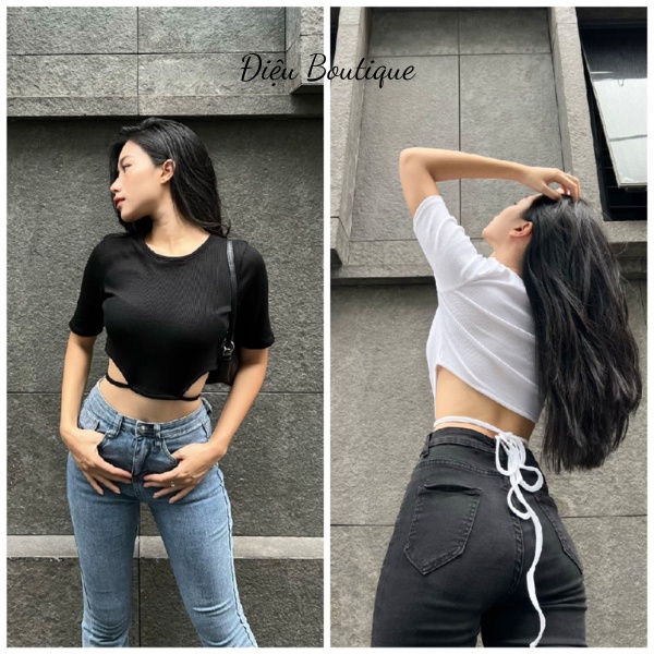 Áo Croptop Nữ Tay Ngắn Cổ Tròn Cột Dây Eo Chất Thun Gân Co Giãn Thời Trang Nữ - ĐIỆU BOUTIQUE