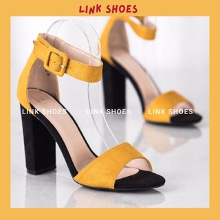 Giày sandal cao gót nữ kiểu dáng phối màu bằng chất liệu da lộn màu vàng đỏ kem DQ211