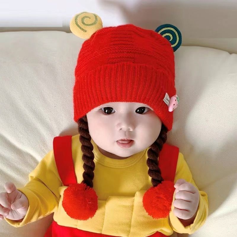 Mũ Len Trùm Đầu Kèm Tóc Giả Dày Dặn Giữ Ấm Tai Cho Bé