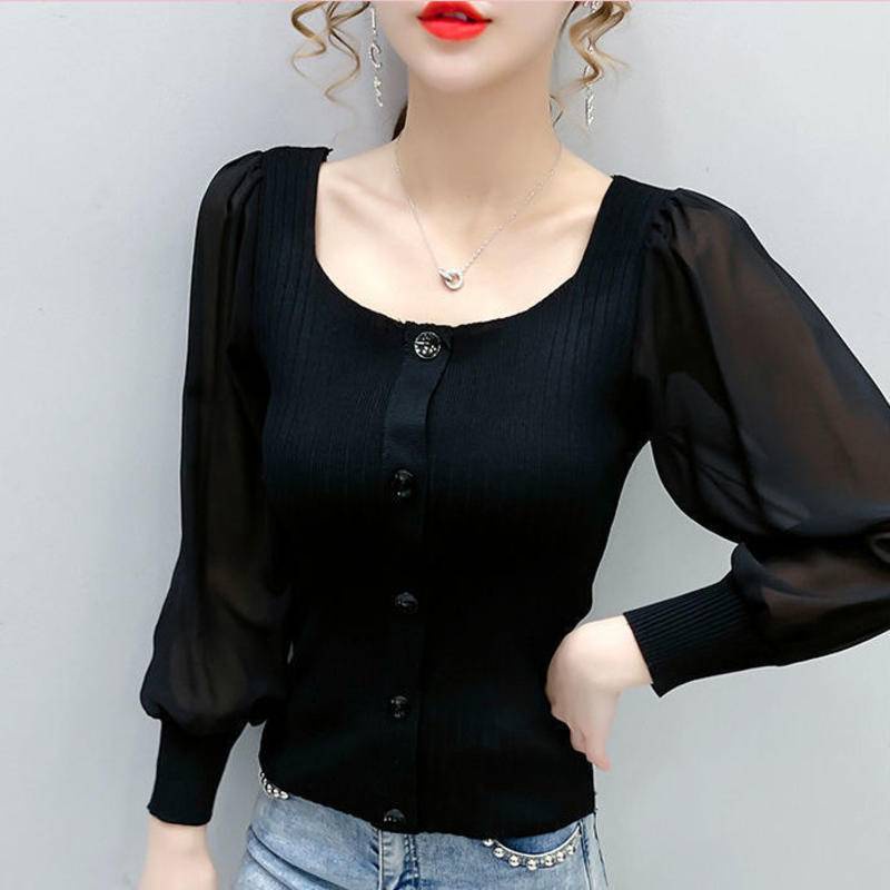 Áo Len Dệt Kim Tay Phồng Cổ Vuông Thời Trang Dành Cho Nữ