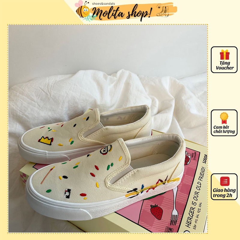 (Full Box) Giày Lười Slip On Họa Tiết Thêu Nhí Màu Sắc Vải Canvas Ulzzang Chính Hãng Cao Cấp GSL01-Molita