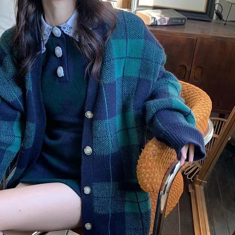 Áo khoác cardigan SUXI dệt kim dáng rộng họa tiết caro thời trang mùa thu cho nữ