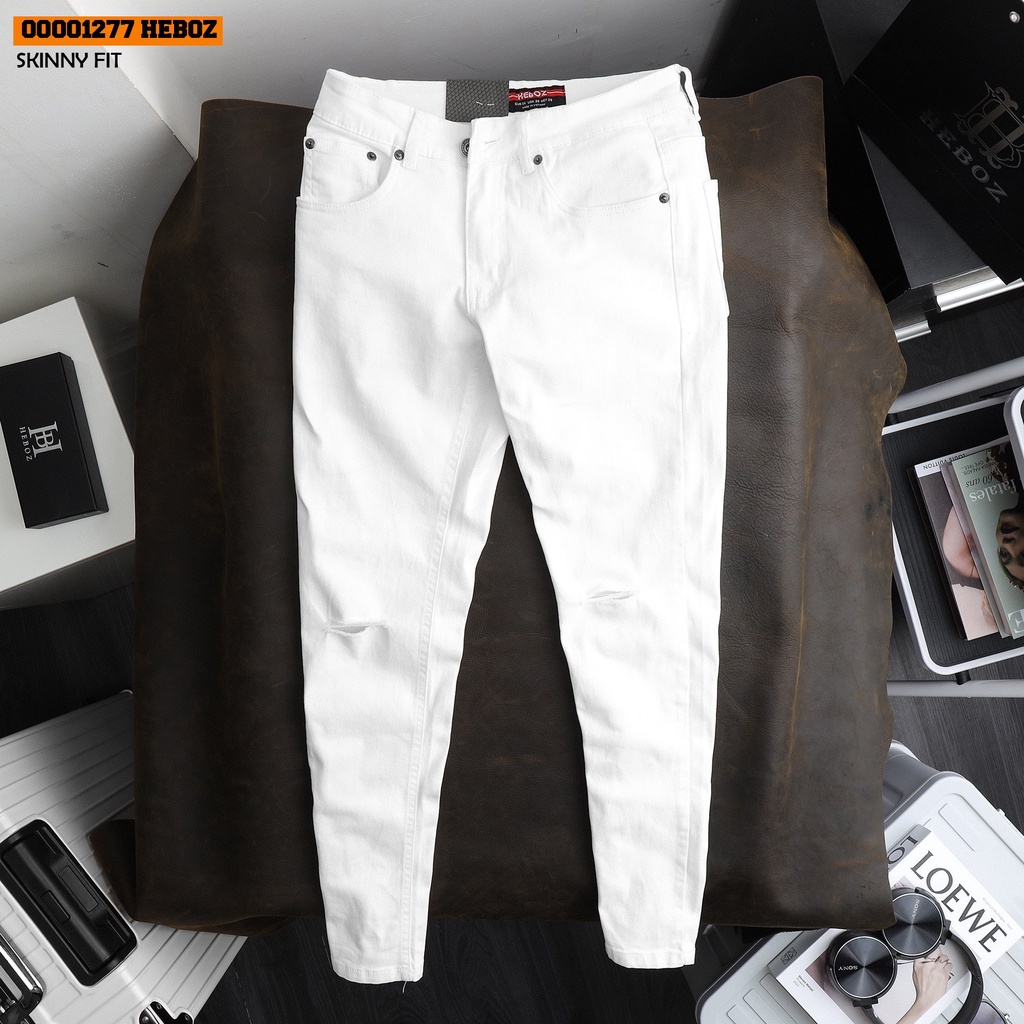 Quần jean trắng rách skinny Heboz vải denim mềm mịn, co giãn nhẹ-00001277