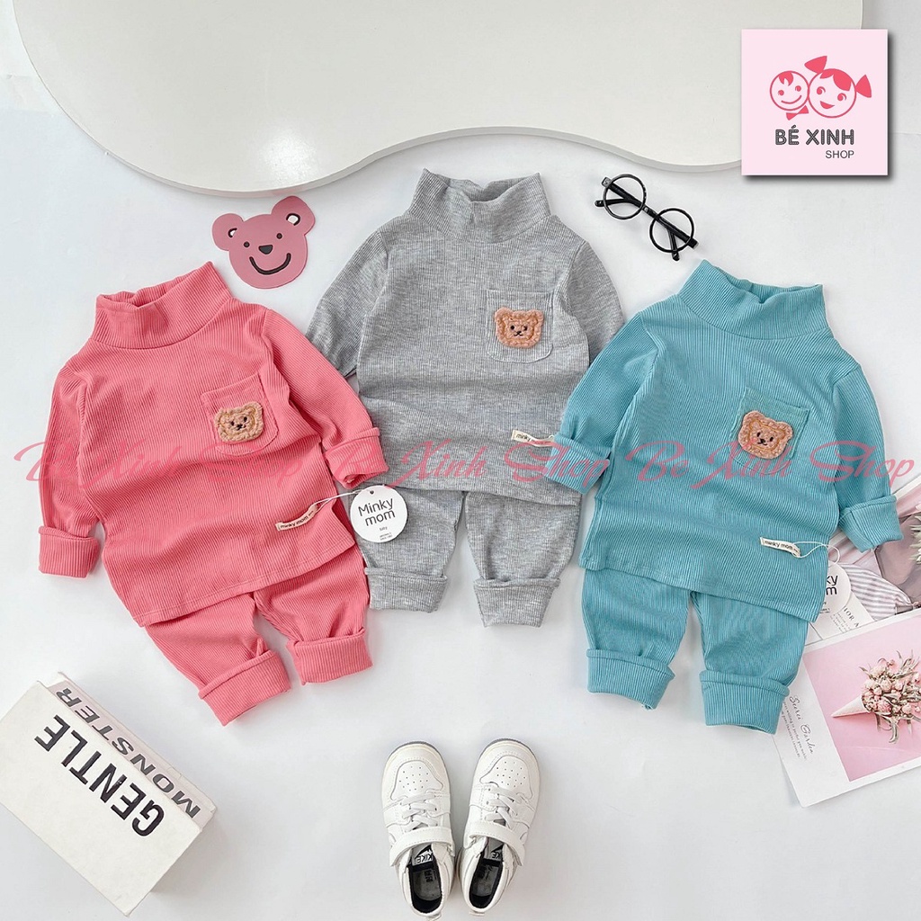 Đồ Bộ Dài Tay Thu Đông Cho Bé Trai Bé Gái Minky Mom  Bộ Quần Áo Len Tăm Cổ 3 Phân Cho Bé Trai Gái GÂU XÙ