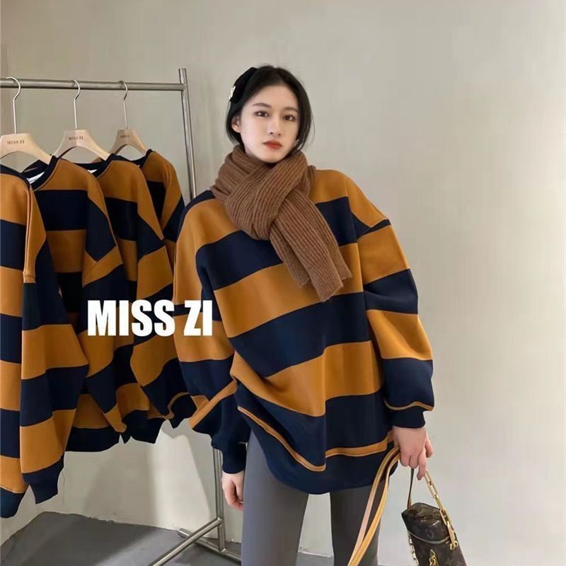 Plus Áo Khoác Hoodie Lót Lông Cừu Dày Dặn Cổ Tròn Kẻ Sọc Thời Trang Thu Đông Cho Nữ