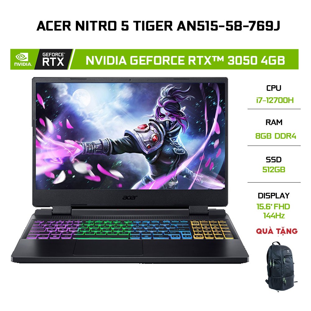 Laptop Acer Nitro5 Tiger AN515-58-769J i7-12700H| 8GB| 512GB| Geforce RTX3050 4GB
