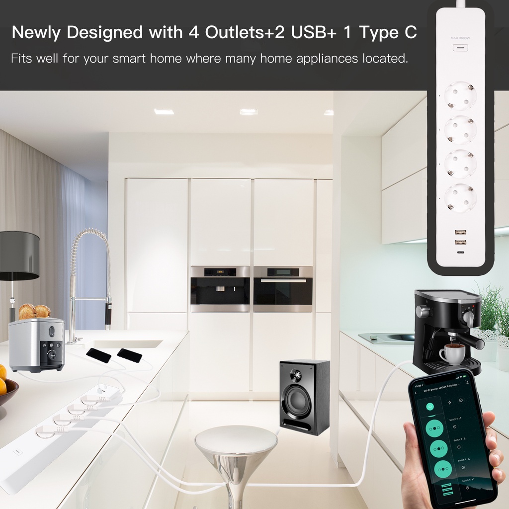 Ổ Cắm Điện Thông Minh 4 Chấu Có 2 Cổng USB Type C