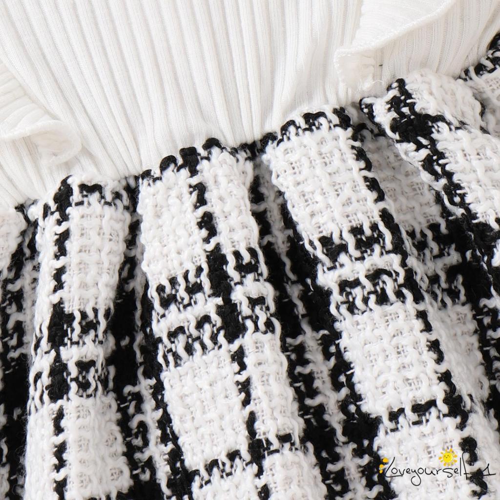 Bộ Đầm Liền Thân Tay Dài Nhún Bèo Họa Tiết Sọc Caro + Băng Đô Cài Tóc Xinh Xắn Cho Bé Gái B930G