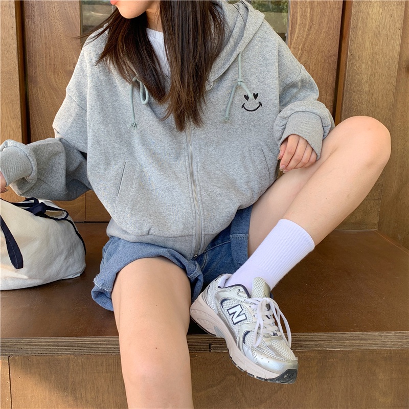 Áo khoác hoodie thể thao SUXI tay dài dáng rộng thêu họa tiết xinh xắn dễ phối đồ thời trang xuân thu cho nữ