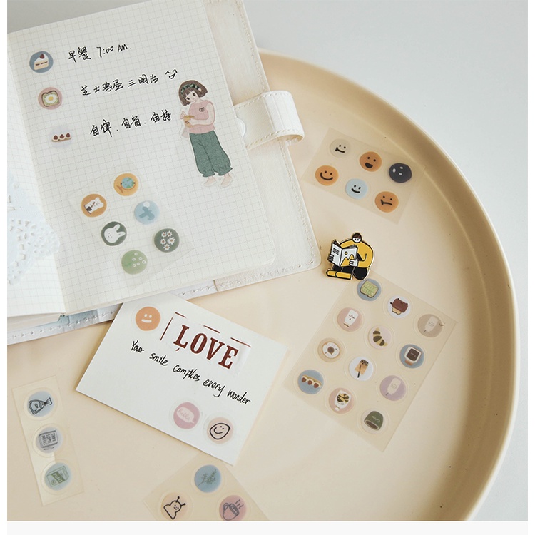 Set 57 sticker miếng dán icon tròn cute hình khuôn mặt/ đồ ăn/ đồ tiện ích BÚT ĐẸP