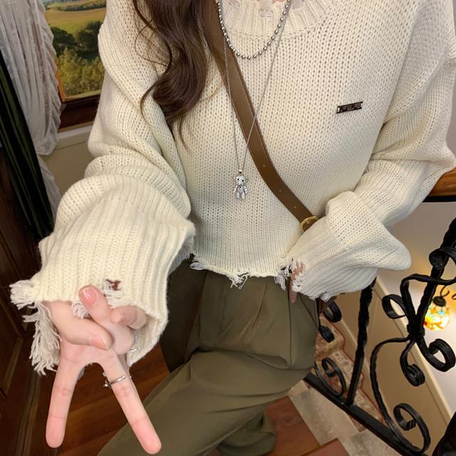 Áo Sweater Dệt Kim Dáng Rộng Thiết Kế Rách Thời Trang Mùa Thu Hàng Mới
