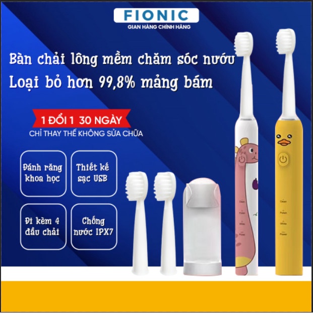 Bàn Chải Điện Cho Bé Đánh Răng Lông Mềm FIONIC ET12 Sạch Răng Không Đau Lợi Từ 3 -13 Tuổi