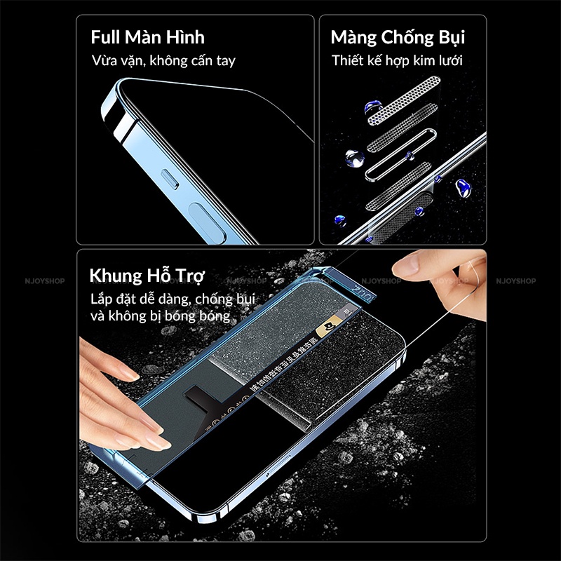 Kính Cường Lực Hỗ Trợ Khung Tự Dán Chống Bụi Bóng Khí 100% Cho Điện Thoại IP11/12/13/14 Pro Max X/Xs/Xsmax Njoyshop