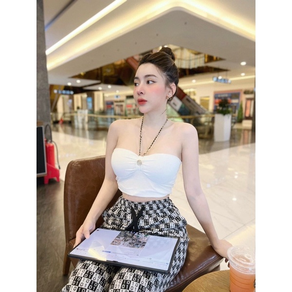 Có mút ngực Áo Yếm Croptop Dây Phối Xích Cúp Bo Tròn Mút Ngực A1991