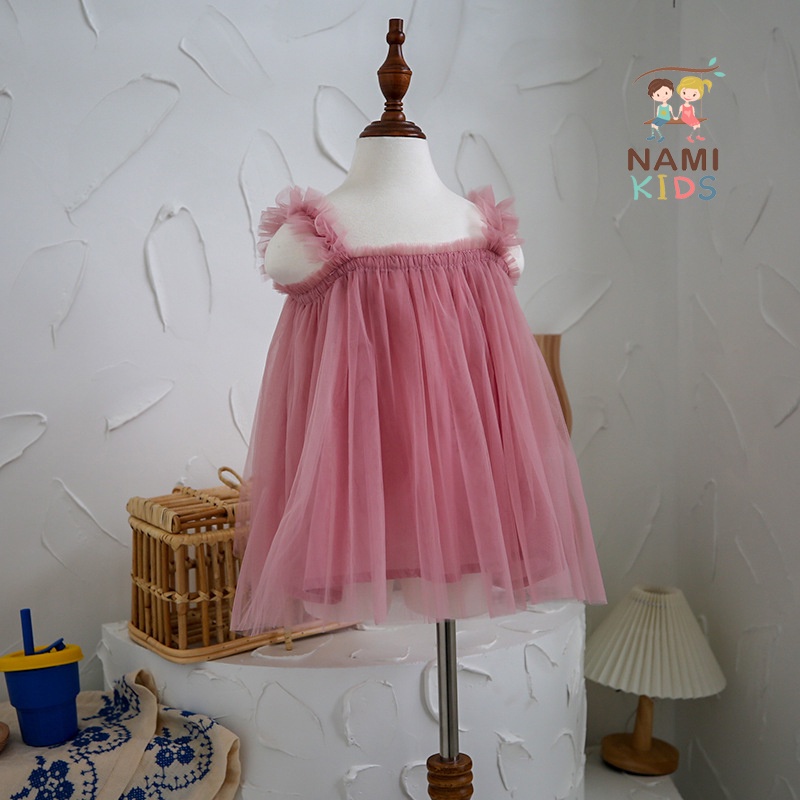 Đầm voan 2 dây màu hồng đậu đáng yêu cho bé gái