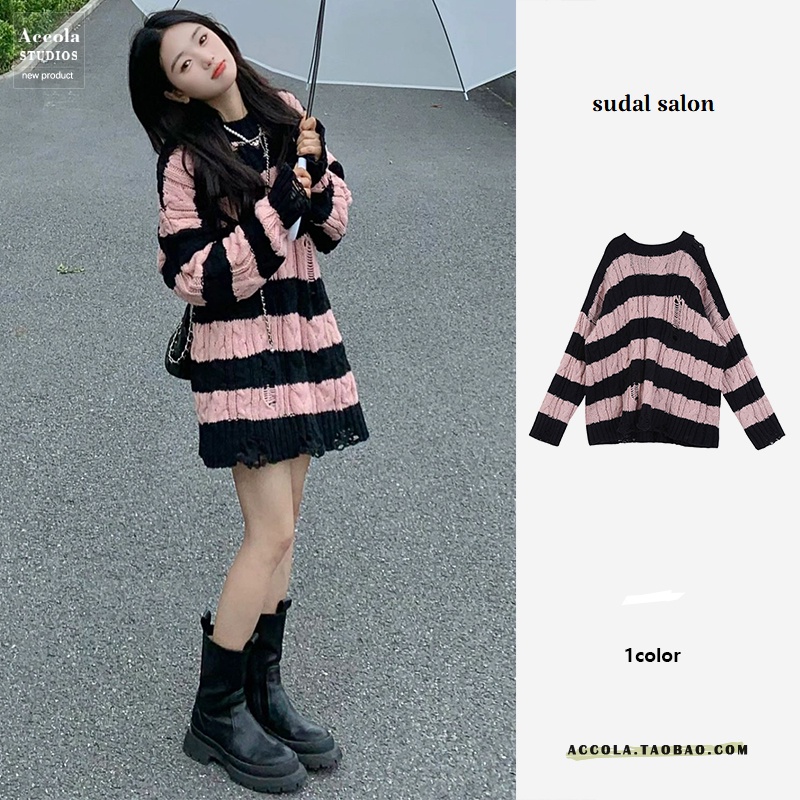 (HÀNG SẴN) Áo len dệt kim MORAN màu hồng kẻ sọc ngang đen form rộng dài trùm mông cá tính style Hàn Quốc