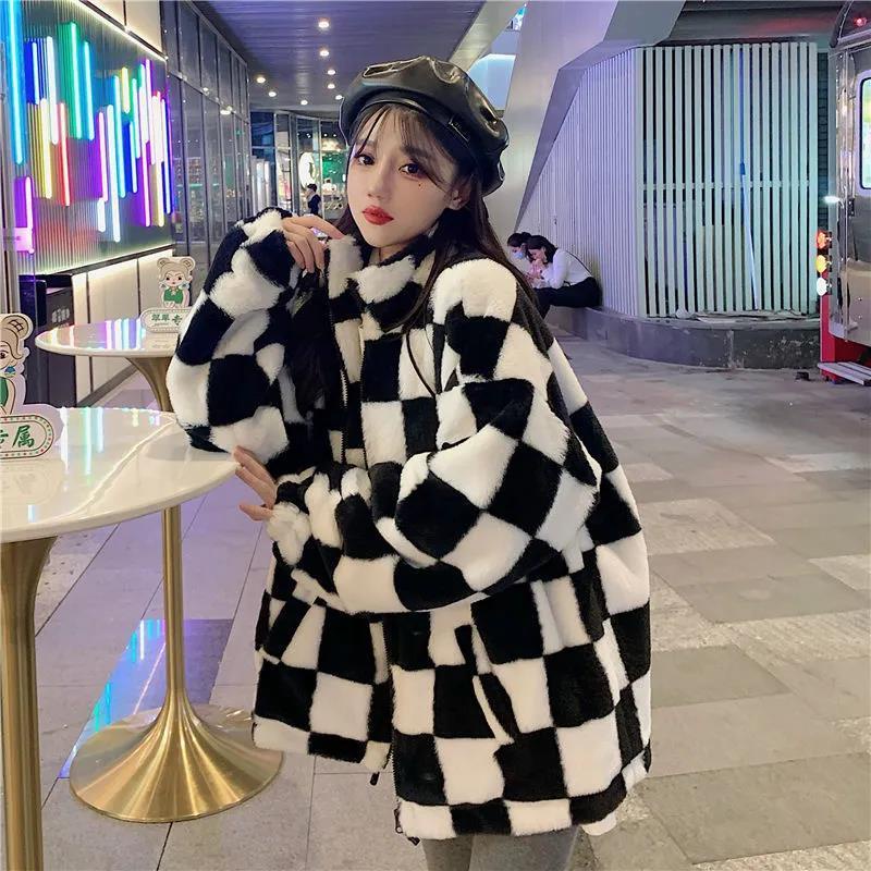 Áo Khoác Lông Cừu Dáng Rộng Sọc Ca Rô Đen Trắng Thời Trang Mùa Đông Ấm Áp