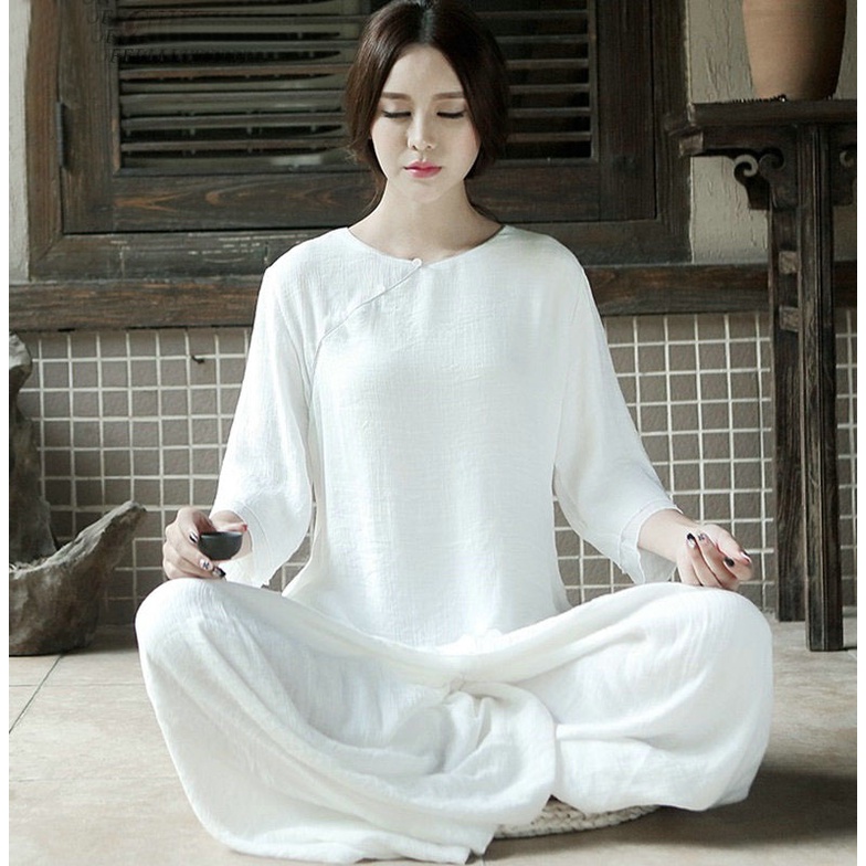 Quần áo phật tử, đi chùa, ngồi thiền, bộ đồ tập yoga Zambala ZBLTĐ001 - Cổ Né Hai Lớp Tay Lỡ