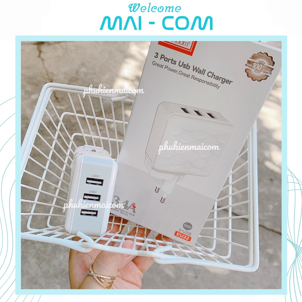 {MAI - COM} CỦ SẠC NHANH 3 CỔNG USB E.A.R.LLLD.O.M ES-EU22. Đầu cắm có thể tháo rời ra vào - CHÍNH HÃNG