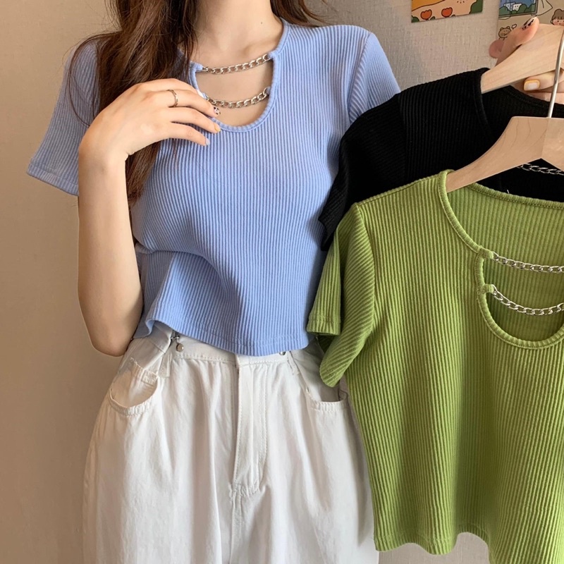 🌱ÁO CROPTOP TAY NGẮN PHỐI XÍCH🌱 ÁO THUN NỮ NHIỀU MÀU