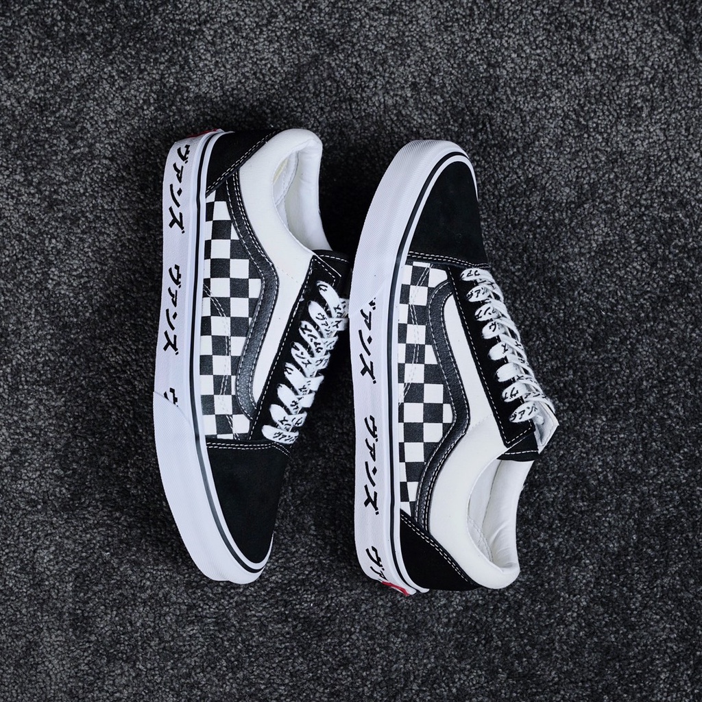 Giày Thể Thao Vans Old Skool Vải Canvas Cổ Thấp Họa Tiết Sọc Caro Trắng Đen Phong Cách Nhật Bản