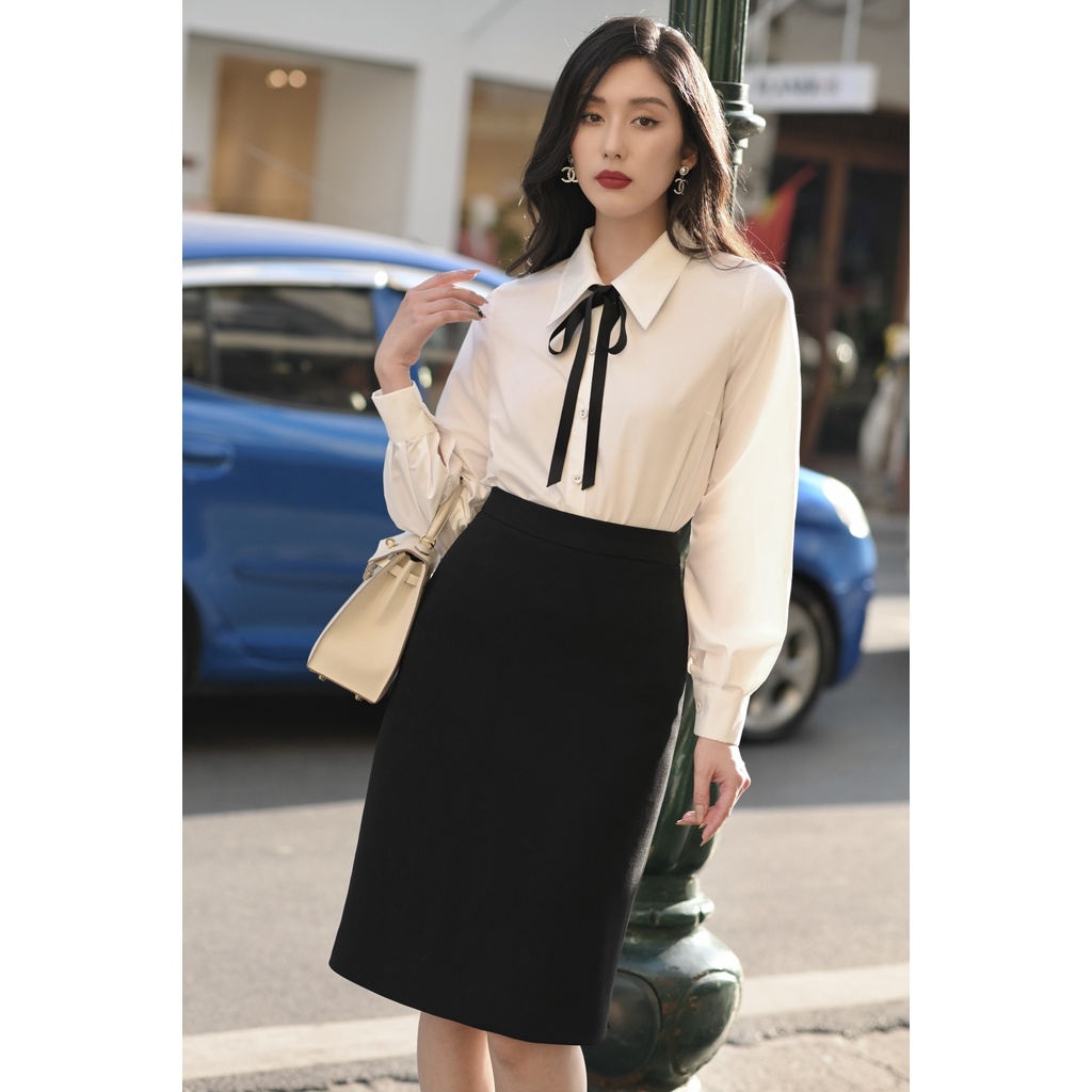 Áo sơ mi trắng cổ cổ đức thắt nơ và chân váy chữ A đen HUONG BOUTIQUE - SM06 BSZ02
