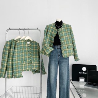 Áo khoác tweed trần bông kẻ xanh QCCC