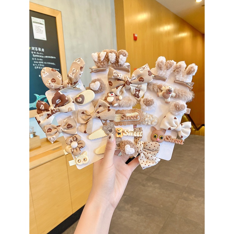 Set 9 Kẹp Tóc Phủ Lông Họa Tiết Hoạt Hình Dễ Thương Cho Bé Gái